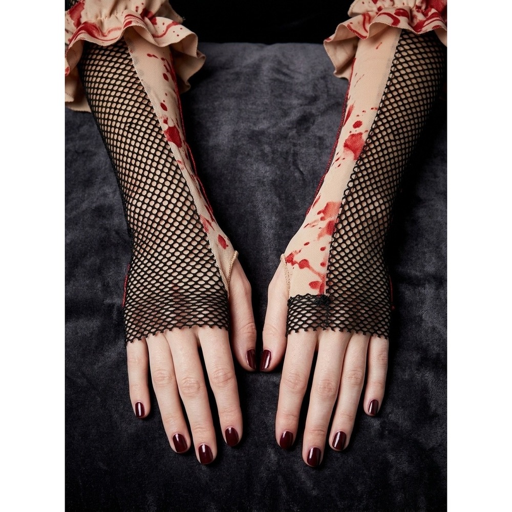 Freakshow Fingerless Gloves Women Costume Blood Splatter Fishnet Halloween